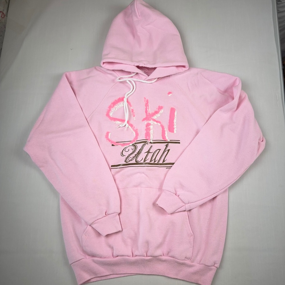 Vintage Hanes Ski Utah Pink Graphic Hoodie Sweatshirt Large Fits Medium USA Made